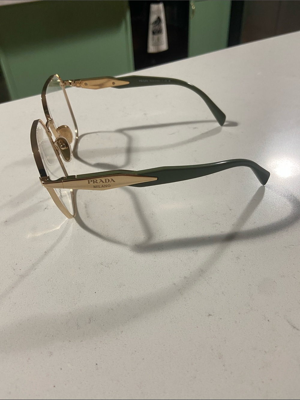Prada Gold Hexagonal Metal Frame Glasses with Clear Lenses and green arms - Picture 2 of 4